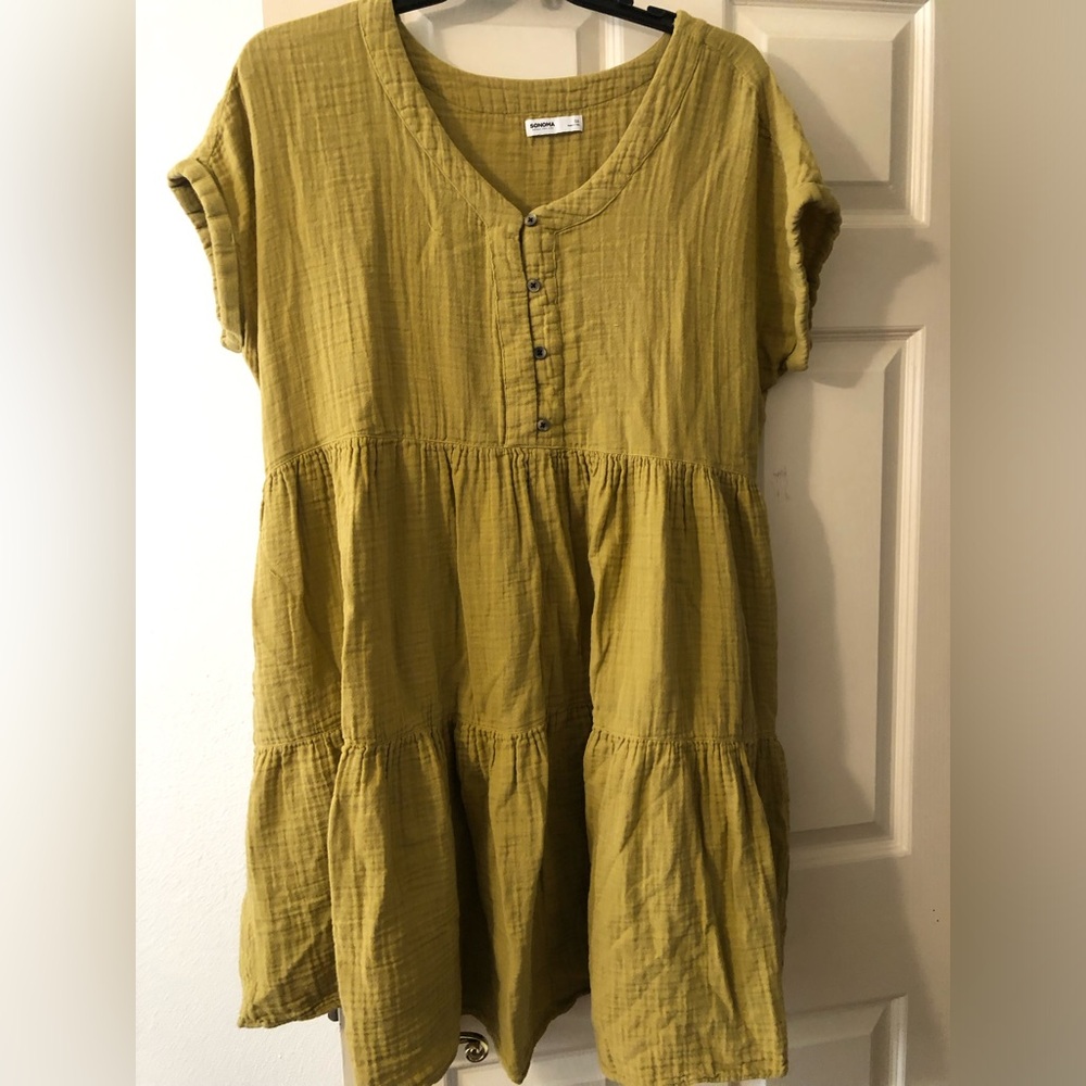 Button-Front Tiered Cotton Dress in Olive Green